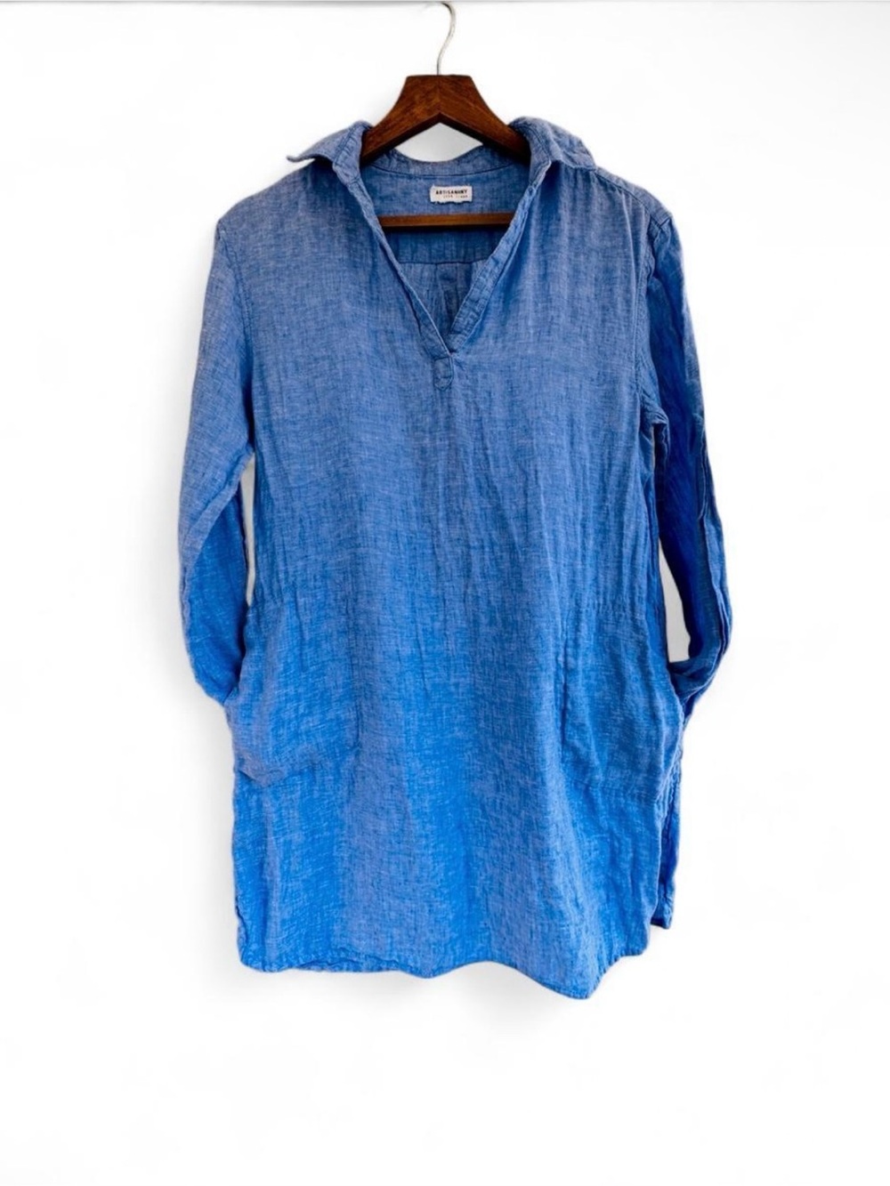Artisan Blue Washed Linen Tunic Dress Cover Up Coastal Resort Minimalist Fashion - Picture 2 of 8